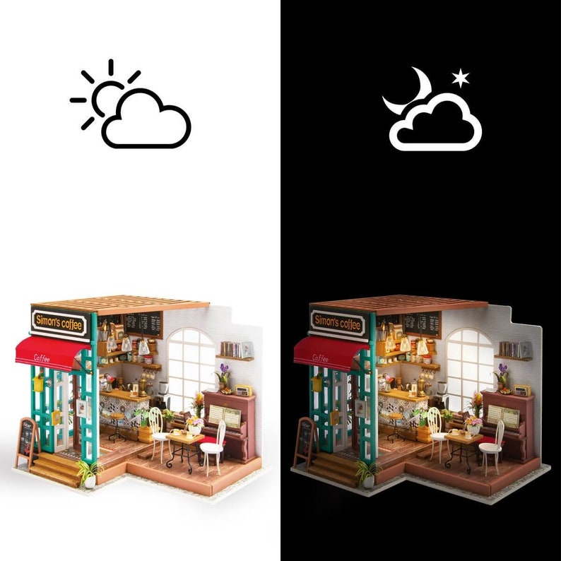 DIY Dollhouse Kit Miniature Cafe Diorama Room Box: Simons Coffee DG109 Home Decor and Gifts Craft Kit Supplies, Dollhouse Shop Furniture image 2