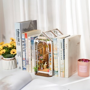 Garden House Book Nook Kit Bookshelf Diorama DIY Miniature w/ LED lights Home Decor and Gifts, Book Ends Display, Shelf Insert, image 8