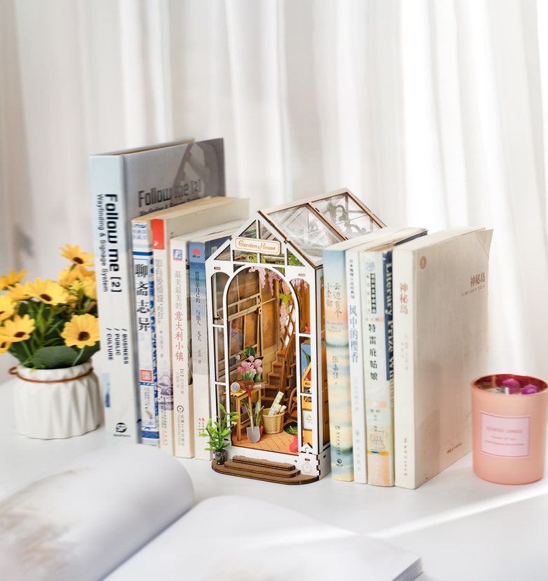 Garden House Book Nook Kit Bookshelf Diorama DIY Miniature w/ LED lights Home Decor and Gifts, Book Ends Display, Shelf Insert, image 8