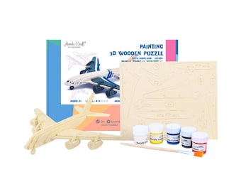 Hands Craft DIY 3D Wooden Puzzle Paint Kit: Civil Plane DIY passenger plane (HC259) - indoor activity for kids, art activity, Arts & Crafts