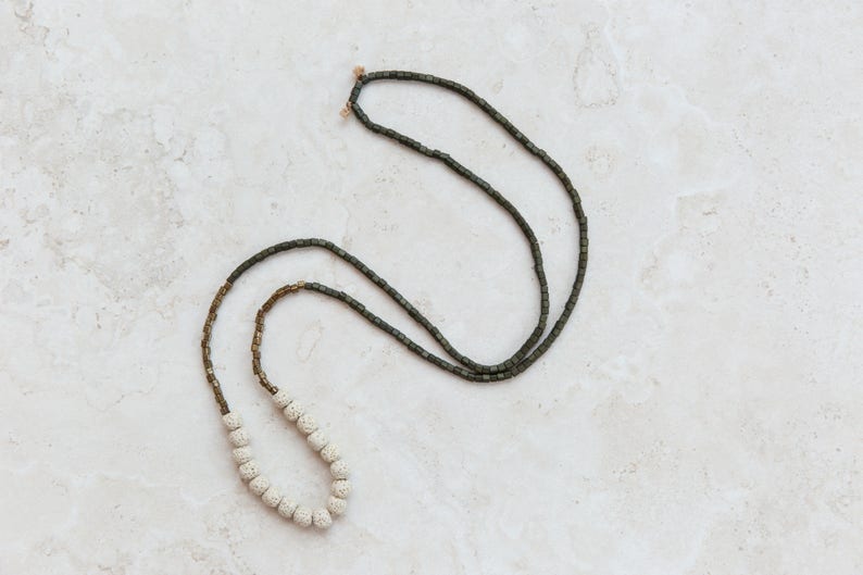 Jewelry gift Diffuser necklace Lava necklace Lava jewelry Olive Green and Beige Lava Stone Necklace