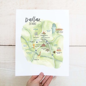 Dallas Texas Aquarell Karte von Hand bemalt sofortiger Download druckbare Karte Wandkunst