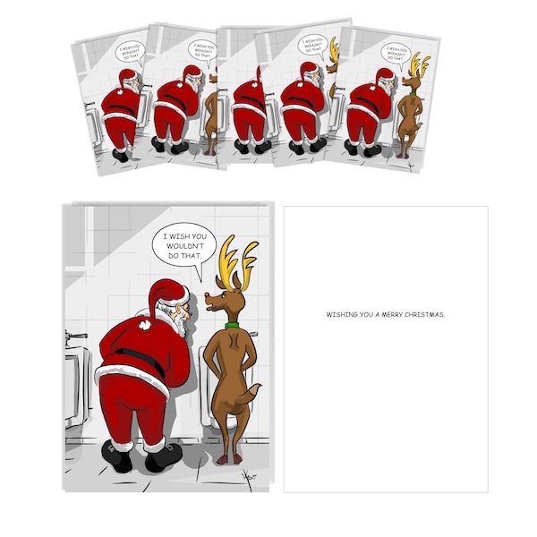 Santa and Rudolph at the Urinal Funny Christmas Card - 6 Pack