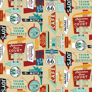 Cruisin&#39; the open road -- Blank Quilting -- Route 66 Restaurant and Motel Signs -- americana quilt fabric, 100% quilt cotton by the yard