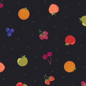 Fruit fabric, Small Things Sweet -- Fruit on black -- Lewis & Irene, assorted fruit fabric, tiny prints fabric, 100% cotton by the yard