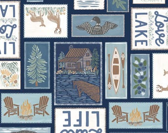 Lakeside Days -- P&B Textiles - Live, Love, Lake 4-way blocks -- cabin vacation quilt fabric, outdoors fabric, 100% cotton by the yard