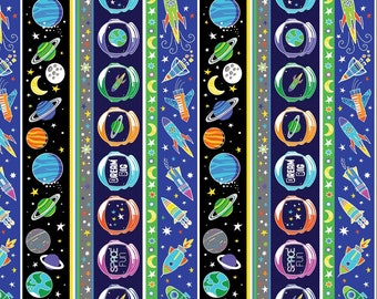 Rocket fabric, GLOW in the DARK, Lift Off-- Kanvas Studio, stripe-- solar system fabric, astronaut fabric, rockets fabric, 100% cotton