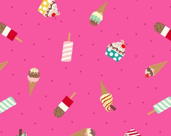 Ice cream fabric, Small Things Sweet--Ice Cream on bright pink--Lewis & Irene, tiny prints fabric, 100% cotton by the yard