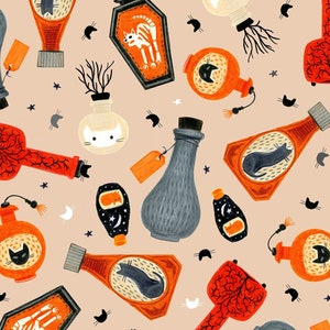 Meowloween by Dear Stella - Leezaworks -- Potions, halloween cat fabric, cats and potions fabric, spooky cat fabric, 100% cotton BTY