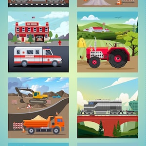 Fahrzeugklötze - Los geht&#39;s! - Clothworks - 24&quot; Block Print, Traktor, Feuerwehr, Eisenbahn, Krankenwagen, Transportmittel, Quiltstoff, 100% Baumwolle