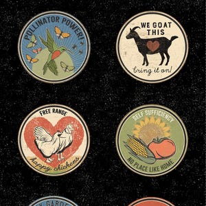 May include: A collection of eight circular designs with a vintage aesthetic. Each design features illustrations of bees, hummingbirds, goats, chickens, and other farm-related imagery, along with text such as "Always Bee Yourself" and "Homestead Happy."