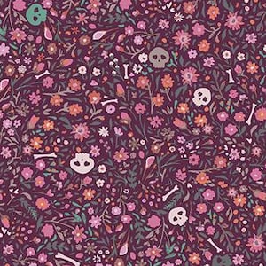 May include: A dark purple fabric featuring a repeating pattern of small pink, orange, and white flowers, green leaves, and scattered human skulls and bones. The design is dense and uniform, covering the entire surface with botanical elements.