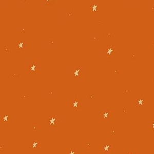 May include: Orange fabric with a repeating pattern of small, cream-colored stars. The stars are scattered across the fabric, creating a whimsical and celestial design. The fabric is suitable for various sewing and crafting projects.