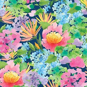 May include: A vibrant floral fabric design featuring a watercolor style with pink, orange, blue, and purple flowers on a navy blue background. The design includes hydrangeas and other blooms. The fabric is measured in inches.