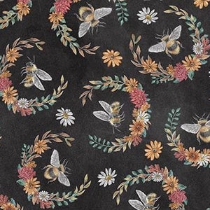 Bees with wreaths -- Late Summer Harvest, Blank Quilting -- bees and floral wreaths, pollinator fabric, 100% quilting cotton BTY