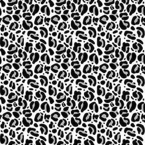 May include: A seamless pattern of black and gray leopard spots on a white background.