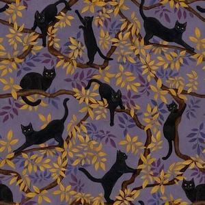 Apothecary, black cat on tree branches -- Timeless Treasures -- witchy cat fabric, pretty black cat fabric, Halloween kitty, 100% cotton BTY