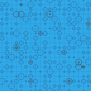 May include: A blue fabric with a grid pattern and black circles of varying sizes. The circles are scattered across the surface, some overlapping. The fabric has a ruler along the bottom edge with the Andover Fabrics logo.