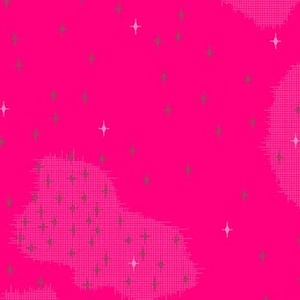 Puede incluir: Tela rosa brillante con un patrón de pequeñas estrellas blancas y grises y grandes formas texturizadas en forma de nube. Una regla se encuentra en el borde inferior con el logotipo de Andover Fabrics.
