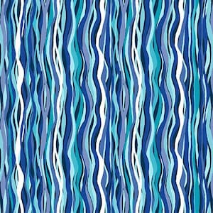 Könnte beinhalten: Stoff mit einem wellenförmigen Muster in Blau-, Türkis- und Weißtönen. Das Design zeigt vertikale, fließende Linien. Der Stoff hat ein Lineal entlang der Unterkante.