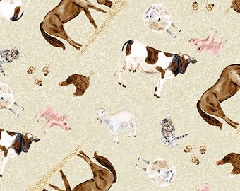 May include: Fabric with a repeating pattern of farm animals including horses, cows, pigs, sheep, chickens, and cats. The animals are in various poses, set against a light beige background. The fabric has a ruler along the bottom edge.