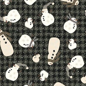 May include: A fabric featuring a repeating pattern of snowmen in different sizes and poses. The snowmen are white with black button eyes and noses, wearing grey hats and scarves. The background is a dark grey and black houndstooth pattern with small white dots.