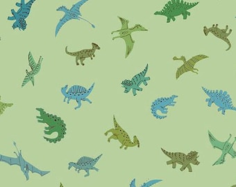 Prehistoric - Pals in green - Andover Fabric - pterodactyl and stegosaurs dinosaur quilt fabric, 100% cotton by the yard