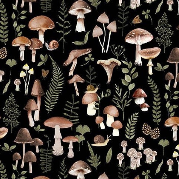 Moonflower -- Dear Stella, Shitake Happens-- wild mushroom fabric, naturalist fabric, midnight forest fabric, 100% cotton by the yard