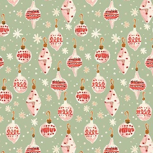 May include: A repeating pattern of Christmas ornaments in shades of pink and red on a light green background. The ornaments vary in shape and design, with some featuring stripes and dots. Small white snowflakes are scattered throughout the design.