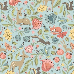 May include: A seamless pattern featuring a whimsical woodland scene with deer, foxes, squirrels, birds, and flowers on a light blue background. The pattern is perfect for fabric, wallpaper, or wrapping paper.