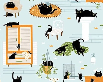Crazy cat fabric, Kitty Wash -- Feline Fancy -- Dear Stella, cat quilt fabric, mischievous cat, black house cat fabric, 100% cotton BTY