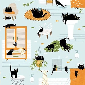 Crazy cat fabric, Kitty Wash -- Feline Fancy -- Dear Stella, cat quilt fabric, mischievous cat, black house cat fabric, 100% cotton BTY