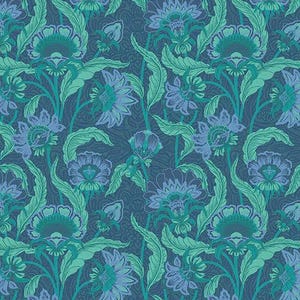 Pieces of India -- Botanicals in blauw/groen -- Paintbrush Studios, Indiase bloemenstof, rijke gebloemde quiltstof, 100% katoen op maat gesneden