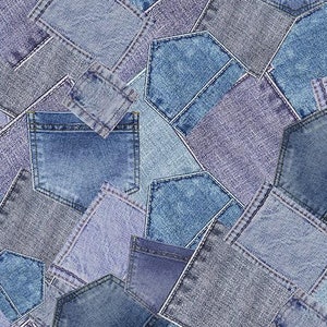 Peut inclure: Un motif sans couture de tissu en jean dans différentes nuances de bleu et de violet. Le tissu est disposé en patchwork, avec des carrés et des rectangles de différentes tailles. Chaque morceau de tissu a une poche cousue dessus, créant un aspect unique et texturé.