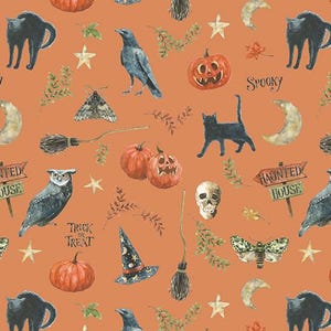 Trick or Treat -- Spooky in orange -- Riley Blake Designs - Halloween motifs fabric, witches, ravens, skulls, jackolanterns, 100% cotton BTY