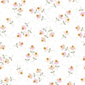 May include: A white background with a repeating pattern of small, stylized flowers. The flowers have pink and peach petals with yellow centers and green stems. Tiny gray dots are scattered across the background.