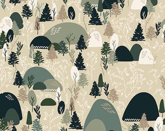 May include: A repeating pattern featuring stylized mountains, trees, and foliage in shades of green, brown, and white on a beige background. The design includes a ruler with inch measurements along the bottom.
