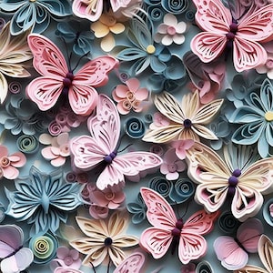Op de afbeelding: Een stofpatroon met vlinders en bloemen in papier-quillingstijl in roze, blauwe en crèmetinten. Een witte liniaal is zichtbaar aan de onderkant, met een schaal van 23 cm. Het ontwerp bestaat uit gelaagde papieren stroken die ingewikkelde vormen vormen.