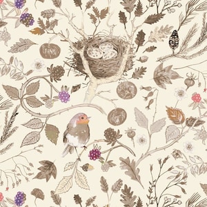 Bird nest fabric, Autumnity--Clothworks, Forest fruits --Esther Fallon Lou--blackberries fabric, Robin's nest fabric, digital print cotton