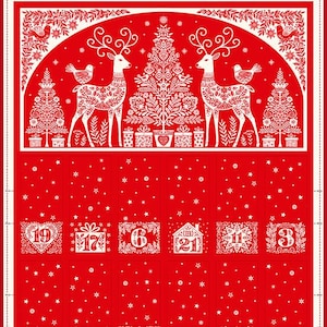 Può includere: Tessuto per calendario dell'Avvento rosso e bianco con un design festivo. Il pannello superiore presenta renne, alberi di Natale e uccelli. Il calendario ha 24 riquadri numerati con illustrazioni a tema festivo. Tessuto Andover Fabrics.