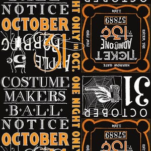 Costume Makers Act II -- Ticket Text in black -- J. Wecker Frisch for Riley Blake - Halloween sewing theme fabric, 100% cotton BTY