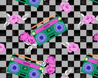 Mixtape -- Tiger Beat -- Pammie Jane for Dear Stella, 1980's retro music fabric, boombox quilt fabric, 100% cotton by the yard