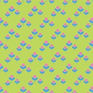 May include: A repeating pattern of stylized pink flowers with blue leaves on a light green background. The flowers are arranged in a diagonal pattern across the fabric. The image includes a ruler along the left side.