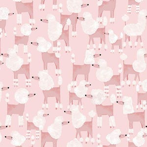May include: A repeating pattern of pink poodles with white fluffy fur and accents. The poodles are in various poses, with some standing and others walking. The background is a solid light pink color.