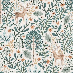 May include: A repeating pattern featuring a woodland scene with deer, trees, and foliage in shades of green, brown, and orange on a cream background. The design includes stylized trees, leaves, and flowers, creating a nature-inspired aesthetic.