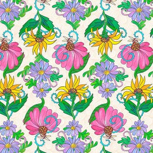 May include: A repeating floral pattern featuring pink, yellow, and purple flowers with green leaves and teal accents on an off-white background. The fabric has a textured appearance and includes the text "Free Spirit Fabrics".