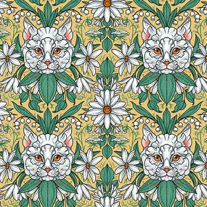 May include: A seamless pattern featuring white cats with green eyes, surrounded by white daisies and green leaves on a yellow background.
