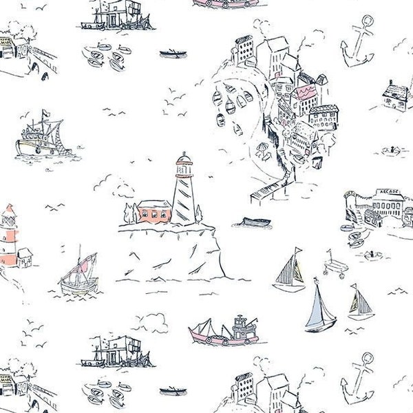 Nautical toile fabric, Salty by Dear Stella -- Sea World-- fishing village fabric, lighthouse fabric, 100% cotton quilt fabric by the yard