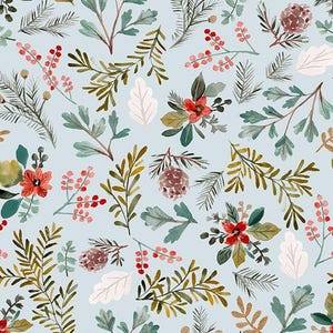 Festive Flora - Baby It's Cold Outside - Clara Jean Dear Stella, Christmas foliage fabric, pine sprig, pinecone, and floral, 100% cotton BTY