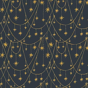 May include: A repeating pattern of gold stars and strings on a dark blue background. The stars vary in size and are connected by curved lines, creating a celestial or festive design. The overall effect is elegant and decorative.
